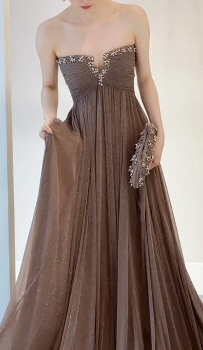 Pretty Sheath Chiffon Long Evening Dress Brown Prom Dress ED11923