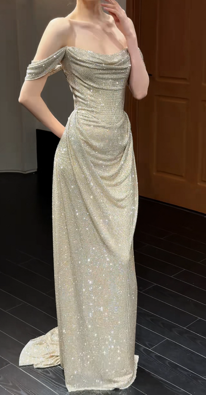 Pretty Sheath Sequins Chiffon Long Evening Dress Gold Prom Dress ED11924