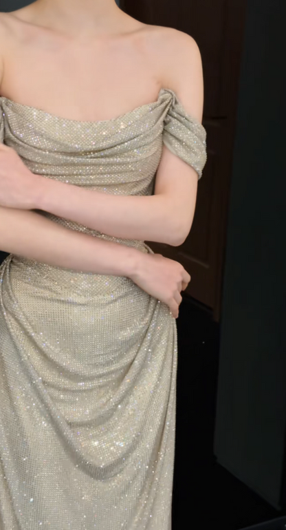 Pretty Sheath Sequins Chiffon Long Evening Dress Gold Prom Dress ED11924