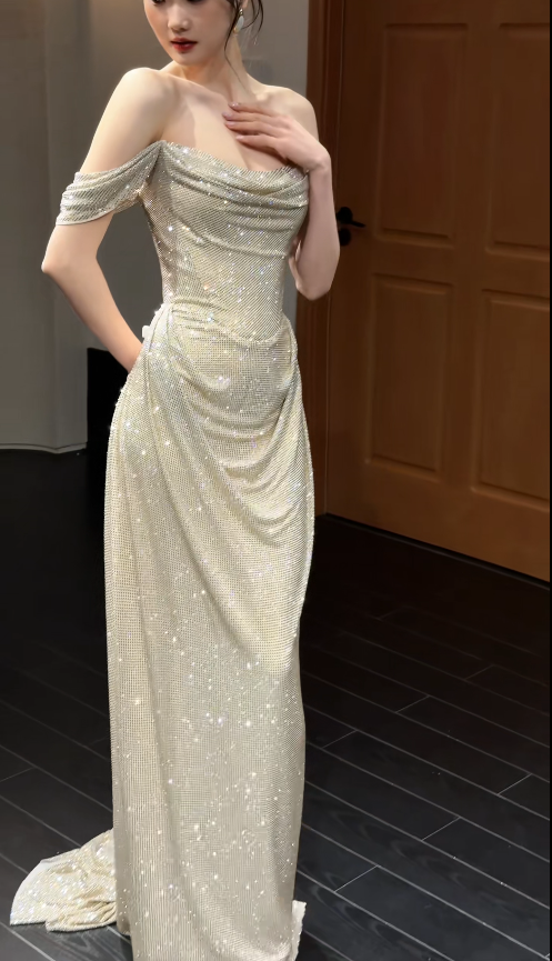 Pretty Sheath Sequins Chiffon Long Evening Dress Gold Prom Dress ED11924