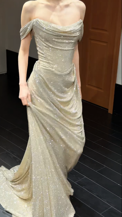 Pretty Sheath Sequins Chiffon Long Evening Dress Gold Prom Dress ED11924