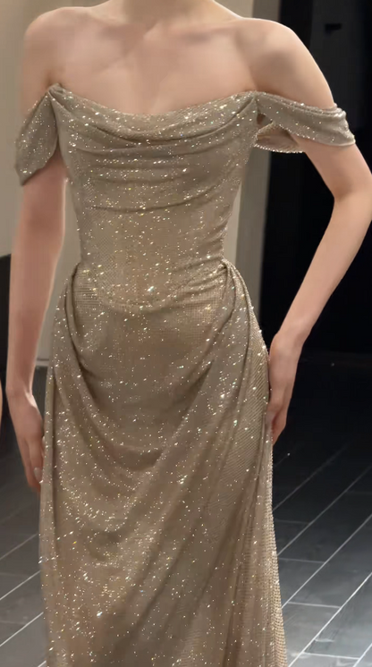 Pretty Sheath Sequins Chiffon Long Evening Dress Gold Prom Dress ED11924