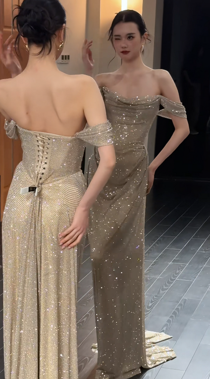 Pretty Sheath Sequins Chiffon Long Evening Dress Gold Prom Dress ED11924