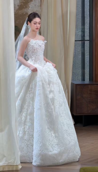 Eternal Strapless A-Line Wedding Dress White Long Bridal Dress Lace Bridal Gown ED11935