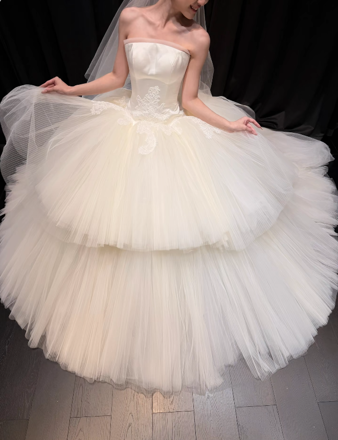 Eternal Strapless A-Line Wedding Dress White Long Bridal Dress Tulle Bridal Gown ED11936