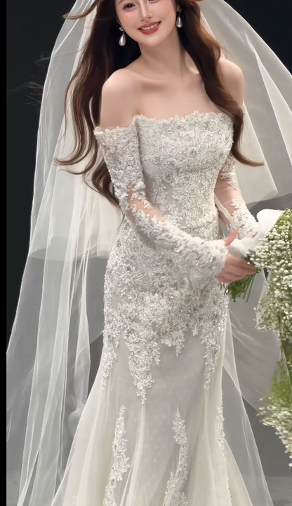 Eternal Mermaid Wedding Dress White Long Bridal Dress Tulle Appliques Bridal Gown ED11941