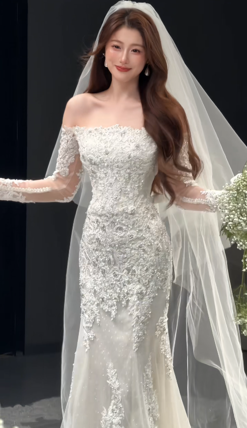Eternal Mermaid Wedding Dress White Long Bridal Dress Tulle Appliques Bridal Gown ED11941