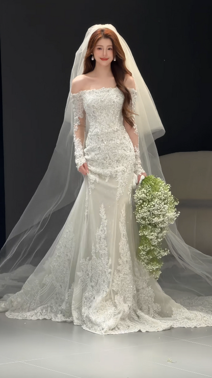 Eternal Mermaid Wedding Dress White Long Bridal Dress Tulle Appliques Bridal Gown ED11941