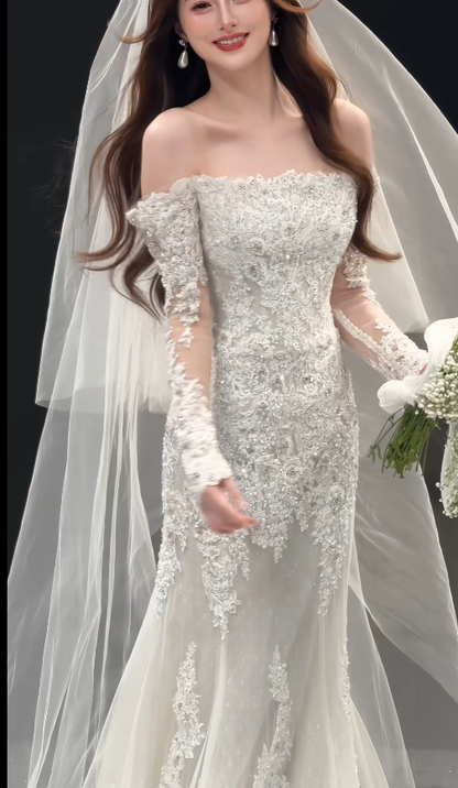 Eternal Mermaid Wedding Dress White Long Bridal Dress Tulle Appliques Bridal Gown ED11941