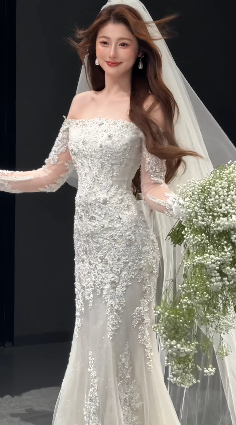 Eternal Mermaid Wedding Dress White Long Bridal Dress Tulle Appliques Bridal Gown ED11941