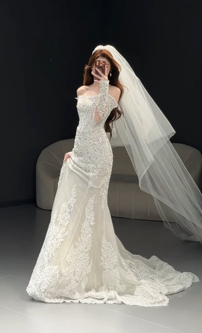 Eternal Mermaid Wedding Dress White Long Bridal Dress Tulle Appliques Bridal Gown ED11941