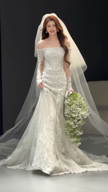 Eternal Mermaid Wedding Dress White Long Bridal Dress Tulle Appliques Bridal Gown ED11941