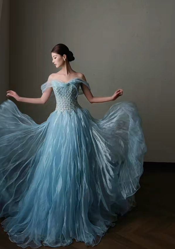 Gorgeous Off-shoulder A-Line Tulle Long Evening Dress Blue Prom Dress ED11943