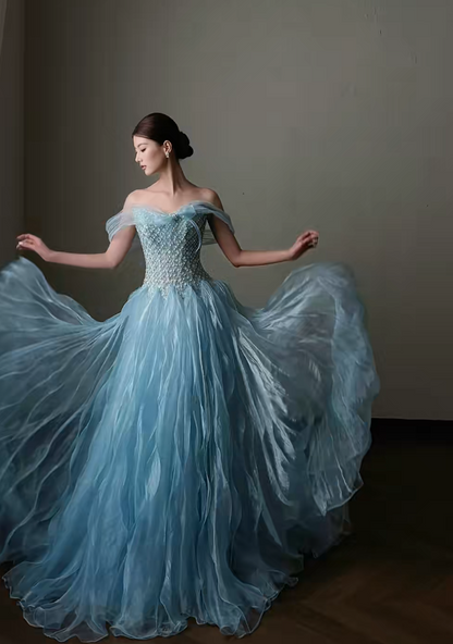 Gorgeous Off-shoulder A-Line Tulle Long Evening Dress Blue Prom Dress ED11943