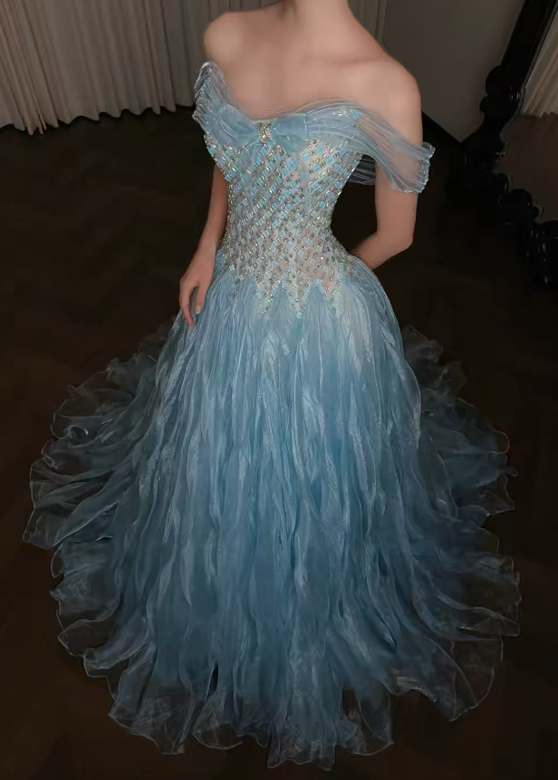 Gorgeous Off-shoulder A-Line Tulle Long Evening Dress Blue Prom Dress ED11943