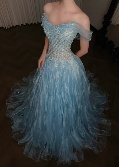 Gorgeous Off-shoulder A-Line Tulle Long Evening Dress Blue Prom Dress ED11943