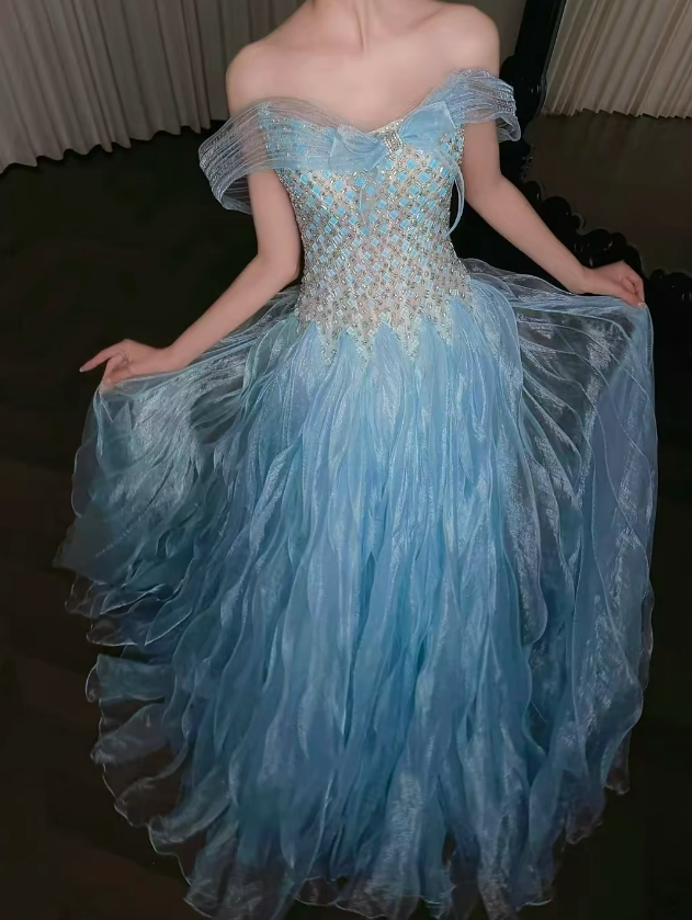 Gorgeous Off-shoulder A-Line Tulle Long Evening Dress Blue Prom Dress ED11943