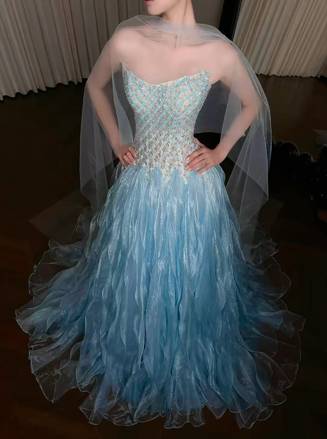 Gorgeous Off-shoulder A-Line Tulle Long Evening Dress Blue Prom Dress ED11943