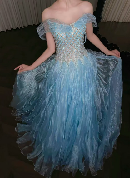 Gorgeous Off-shoulder A-Line Tulle Long Evening Dress Blue Prom Dress ED11943