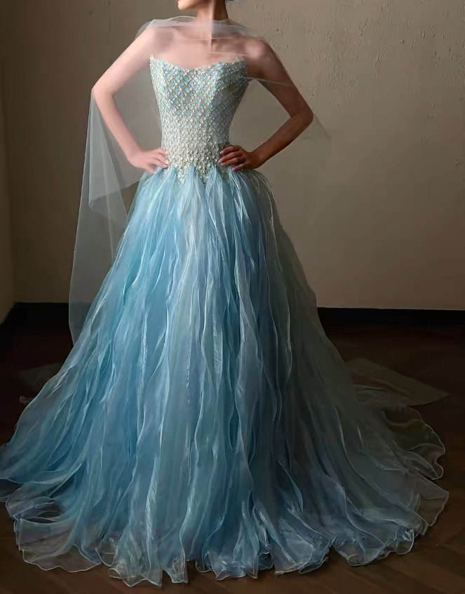 Gorgeous Off-shoulder A-Line Tulle Long Evening Dress Blue Prom Dress ED11943