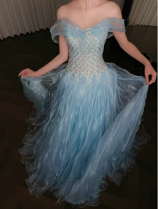 Gorgeous Off-shoulder A-Line Tulle Long Evening Dress Blue Prom Dress ED11943