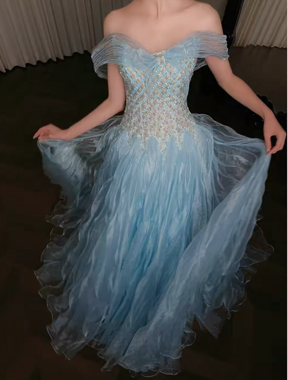 Gorgeous Off-shoulder A-Line Tulle Long Evening Dress Blue Prom Dress ED11943