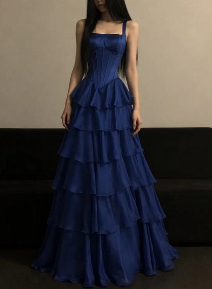 Magnifique robe de soirée longue en mousseline bleu marine, coupe trapèze à bretelles ED11944