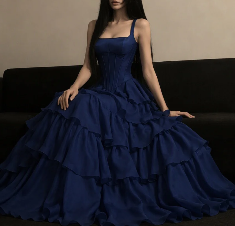 Magnifique robe de soirée longue en mousseline bleu marine, coupe trapèze à bretelles ED11944