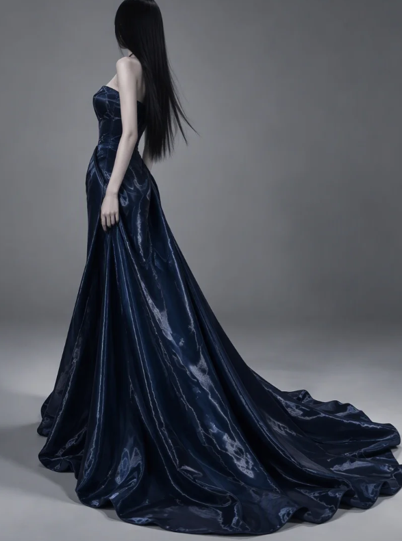 Wunderschönes trägerloses, bodenlanges Abendkleid aus Satin in A-Linie, marineblaues Ballkleid ED11945