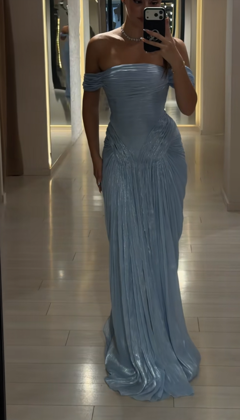 Gorgeous Off-shoulder Sheath Chiffon Long Evening Dress Blue Prom Dress ED11948