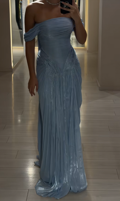 Gorgeous Off-shoulder Sheath Chiffon Long Evening Dress Blue Prom Dress ED11948