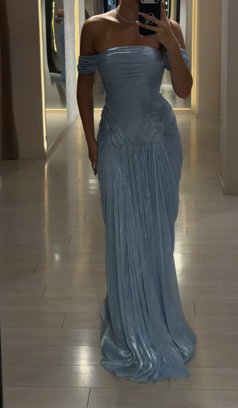 Gorgeous Off-shoulder Sheath Chiffon Long Evening Dress Blue Prom Dress ED11948