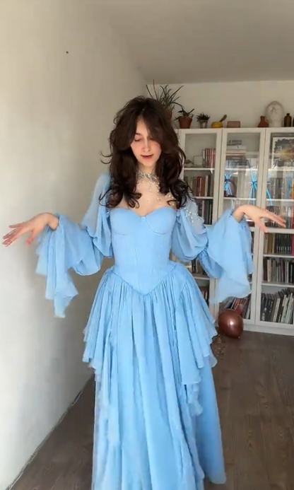 Gorgeous Off-shoulder A-Line Chiffon Long Evening Dress Blue Prom Dress ED11949