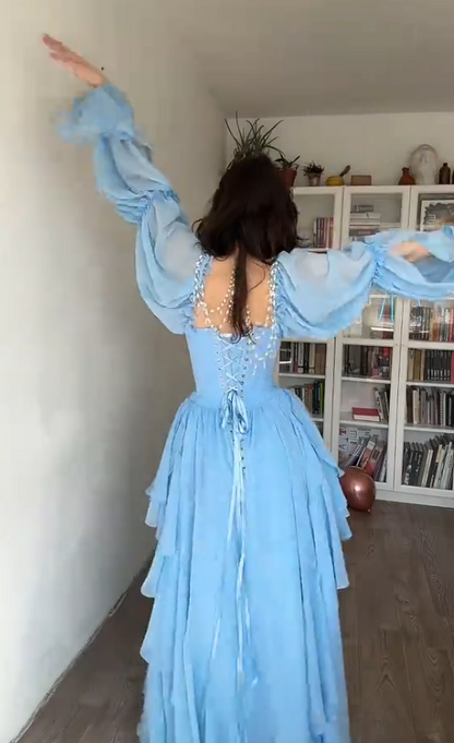 Gorgeous Off-shoulder A-Line Chiffon Long Evening Dress Blue Prom Dress ED11949