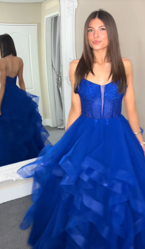Magnifique robe de soirée longue en tulle coupe trapèze à bretelles bleu roi robe de bal ED11950