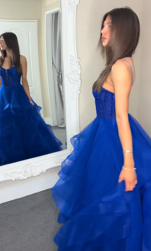 Magnifique robe de soirée longue en tulle coupe trapèze à bretelles bleu roi robe de bal ED11950