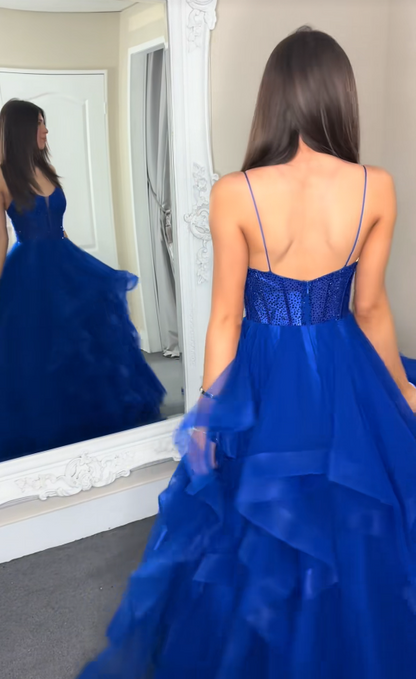 Magnifique robe de soirée longue en tulle coupe trapèze à bretelles bleu roi robe de bal ED11950