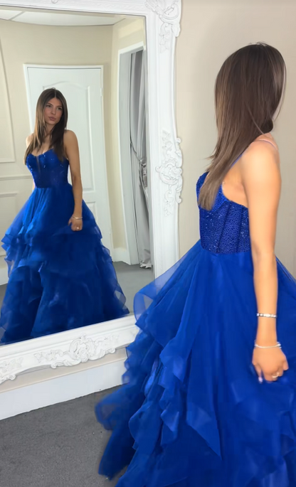 Magnifique robe de soirée longue en tulle coupe trapèze à bretelles bleu roi robe de bal ED11950