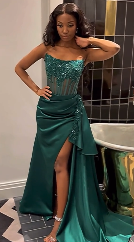 Robe de soirée longue bustier en satin coupe fourreau vert foncé ED11952