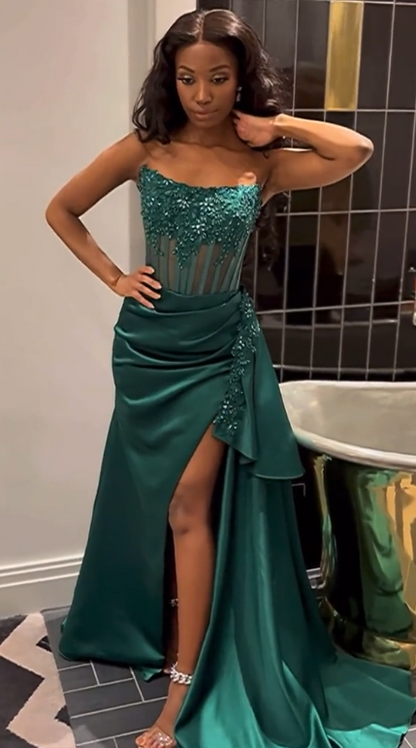 Robe de soirée longue bustier en satin coupe fourreau vert foncé ED11952
