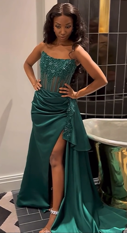 Robe de soirée longue bustier en satin coupe fourreau vert foncé ED11952
