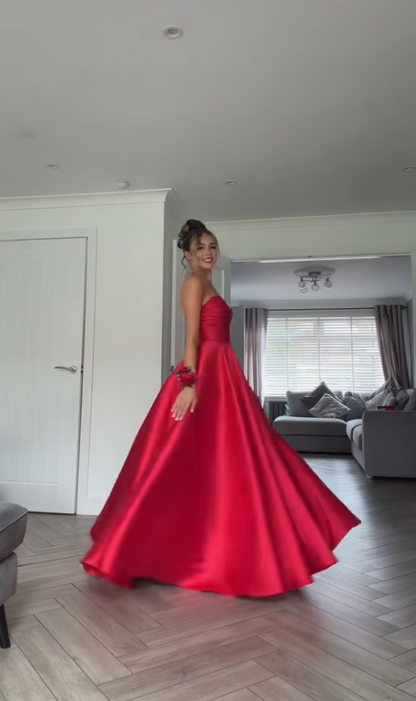 Fashion Strapless A-Line Satin Long Evening Dress Red Prom Dress ED11954