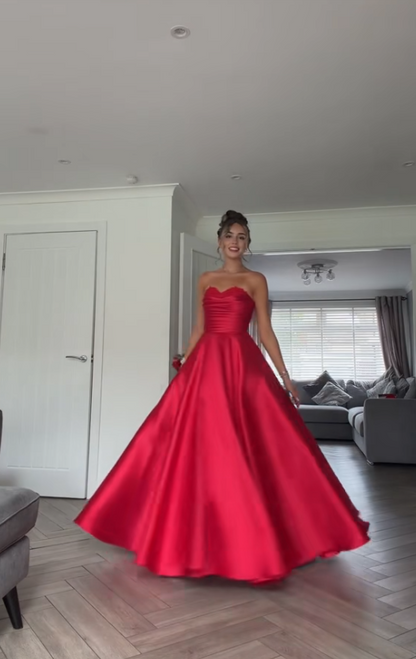 Fashion Strapless A-Line Satin Long Evening Dress Red Prom Dress ED11954