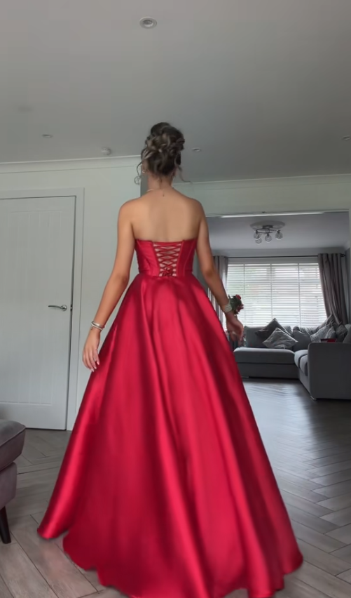 Fashion Strapless A-Line Satin Long Evening Dress Red Prom Dress ED11954