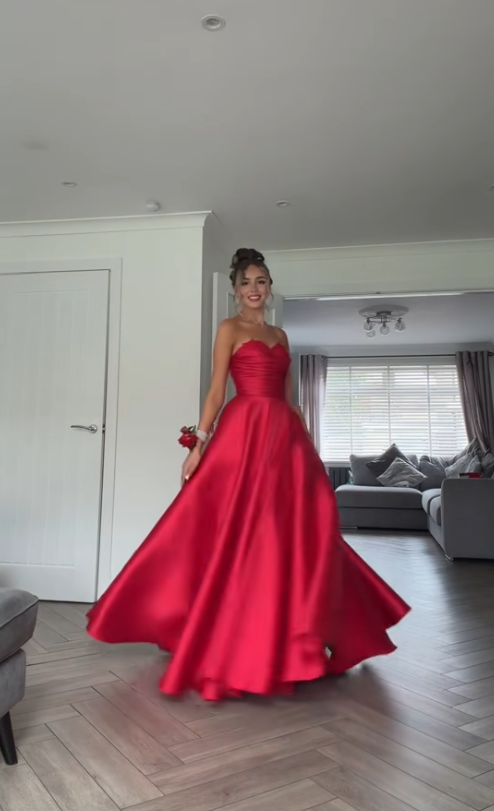 Fashion Strapless A-Line Satin Long Evening Dress Red Prom Dress ED11954