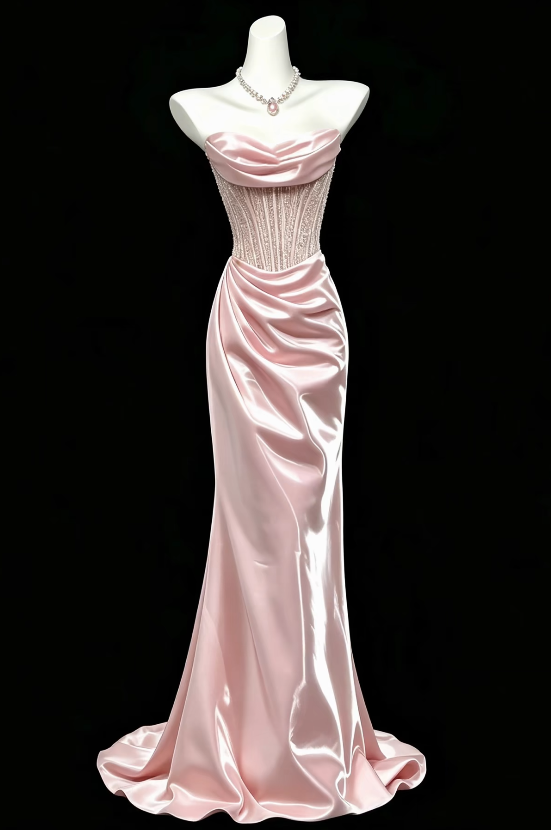 Gorgeous Strapless Sheath  Satin Long Evening Dress Pink Prom Dress ED11958