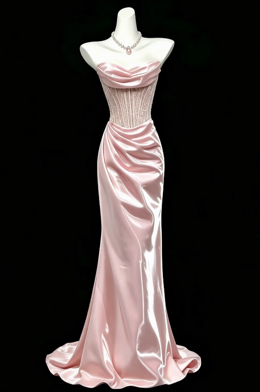 Wunderschönes trägerloses, figurbetontes langes Abendkleid aus Satin, rosa Ballkleid ED11958
