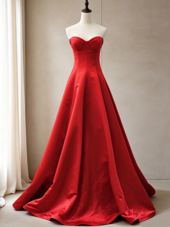 Wunderschönes langes Abendkleid aus Satin in A-Linie mit herzförmigem Ausschnitt, rotes Ballkleid ED11960