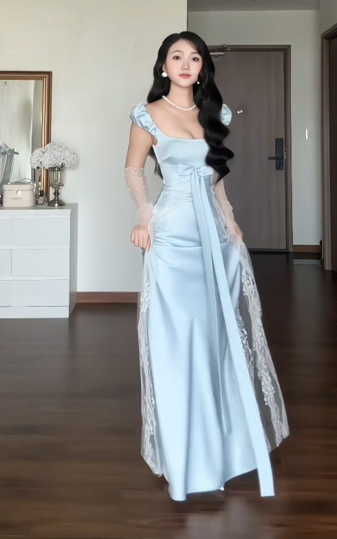 Gorgeous Sheath Satin Long Evening Dress Pale Blue Prom Dress ED11962