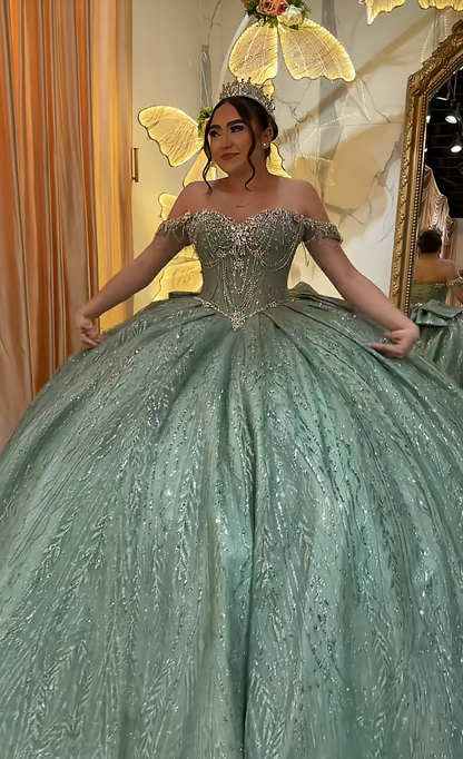 Fairy Sweet 16 Dresses Ball Gown Tulle Long Green Quinceanera Dress ED11970